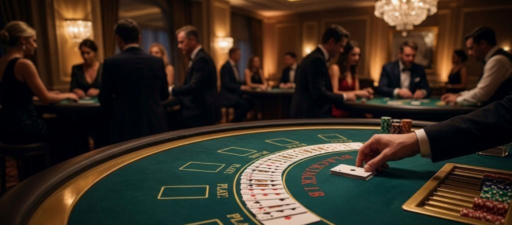 Blackjack table with professional dealer and cards