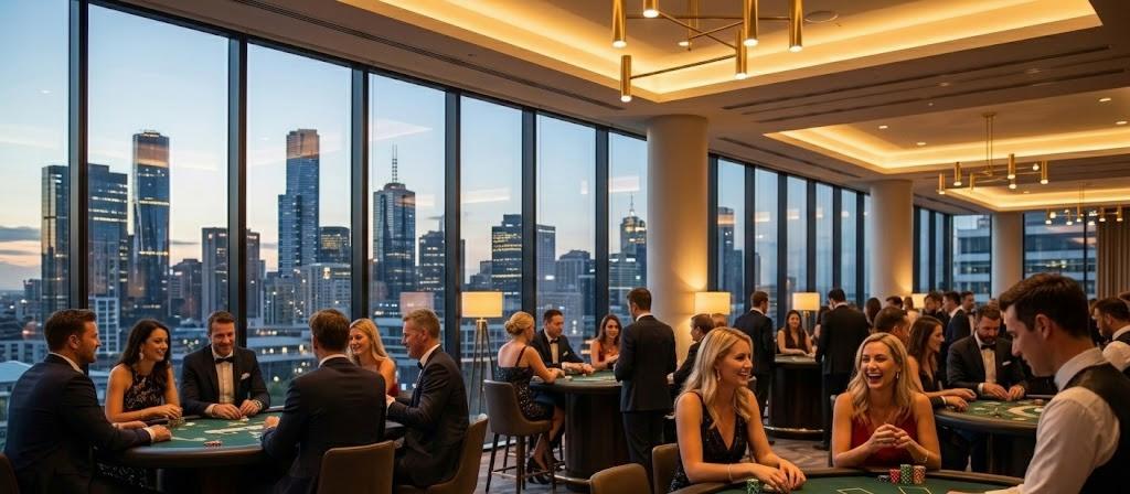 Corporate casino night event with elegantly dressed guests