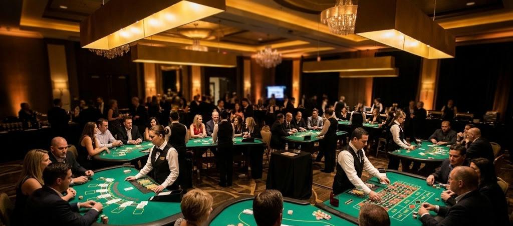 Packed casino event with professional dealers and elegant atmosphere
