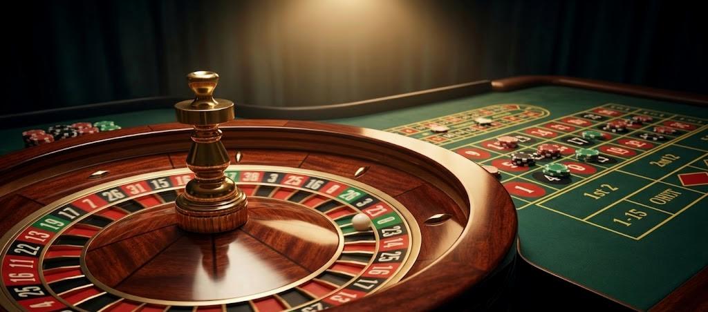 Roulette wheel and betting table with coloured chips